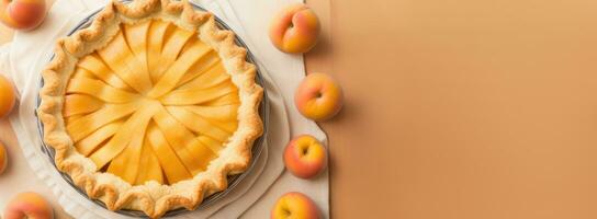 AI generated horizontal banner, peach pie, ripe apricots, fruit homemade cakes, place for text photo