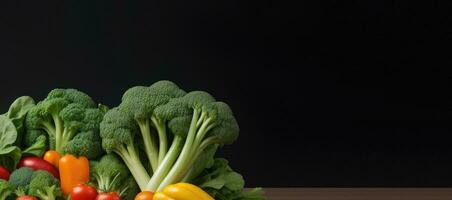 ai generado horizontal bandera, frutas y vegetales en un oscuro fondo, sano alimento, vegetariano menú, espacio para texto foto