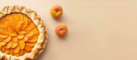 AI generated horizontal banner, fruit pastries, apricot pie on a bright background, apricot tart, place for text photo