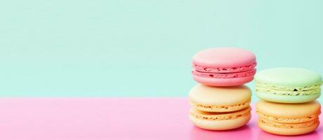 AI generated horizontal banner, stacks of colorful macaroons on a bright background, space for text photo