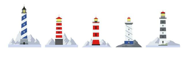 Lighthouses collection. Vector set of cartoon flat lighthouses. Lighthouse beacon and marine seaside architecture flat style. Floodlight towers