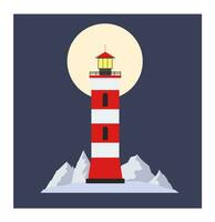 Lighthouses card. Vector illustration of cartoon flat lighthouses. Lighthouse beacon and marine seaside architecture flat style. Floodlight towers