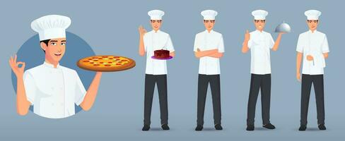 Chef Logo and Cook Character Set in Various Poses and Gestures, Chef Standing Carrying Cake, Pizza, Serving Plate, Arms Folded vector