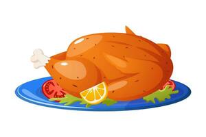 Roasted Turkey with Salad , tomatoes and Lemon Slice on Dish Vector Illustration