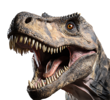 ai generiert schließen oben Porträt von t rex Dinosaurier mit brüllend Ausdruck, isoliert auf transparent Hintergrund, generativ ai png