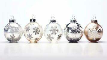AI generated Christmas baubles with snow and snowflakes photo