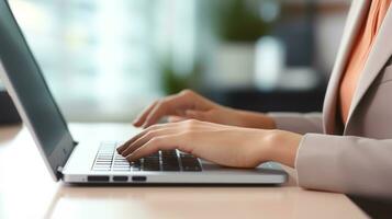 AI generated Female hand clicking computer mouse on office table. Business woman working on laptop photo