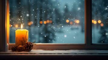 AI generated Winter holidays and celebration concept - advent candlestick on window sill at night photo