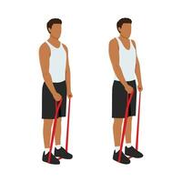 Man doing resistance band shrugs exercise. vector