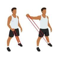 Man Doing Lateral Raise Home Workout Exercise with Thin Resistance Band Guidance. vector