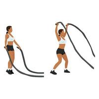 Woman doing Battle rope jumping jacks exercise. vector