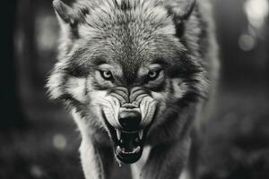 AI generated Greyscale closeup shot of an angry wolf with a blurred background. AI Generated photo