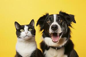 ai generado gato y perro juntos con contento expresiones en amarillo antecedentes. ai generado foto