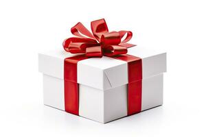 AI generated Gift box with red ribbon isolated on white background. AI Generated photo