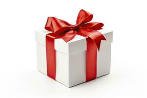 AI generated Gift box with red ribbon isolated on white background. AI Generated photo