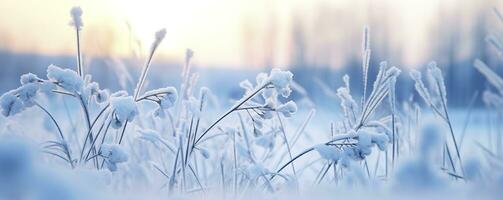 AI generated Frozen snowy grass, winter natural abstract background. beautiful winter landscape. AI Generated photo