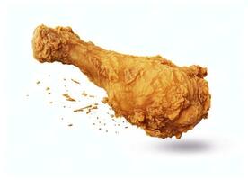 AI generated Fried chicken leg falling in the air isolated on a white background. AI Generated. photo