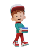 3D happy kid character holding book png