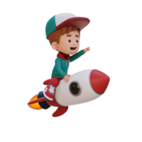 3D kid character riding a rocket and pointing hand png