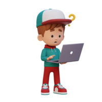 3D cute kid character confused on a laptop png