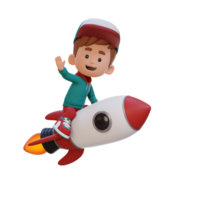 3D kid character riding a rocket and waving hand png