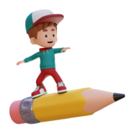 3d niño personaje en pie montando un lápiz png