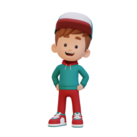 3d carino ragazzo personaggio nel fiducioso posa mano su anca png