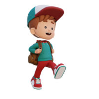 3D happy kid character walking go to school holding bag png