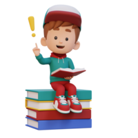 3D kid character get an idea when reading a book png