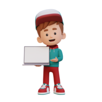 3D kid Character Holding and Presenting to a Laptop with Empty Screen png