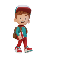 3D happy kid character walking go to school holding book png