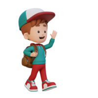 3d contento niño personaje caminando y ondulación mano png