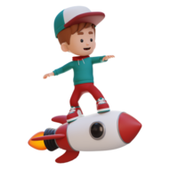 3D kid character standing riding a rocket png