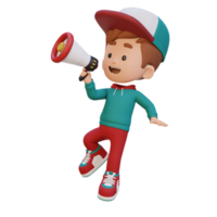 3D cute kid Character jumping and talking on Megaphone png