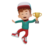3d enfant personnage célébrer gagner en portant une trophée png