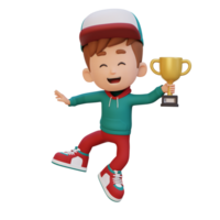 3D kid character celebrating win holding a trophy png