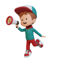 3D cute kid Character jumping and talking on Megaphone png