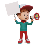 3D kid character holding a blank placard png