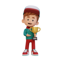 3D kid character celebrating win holding a trophy png