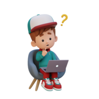 3D cute kid character confused on a laptop png