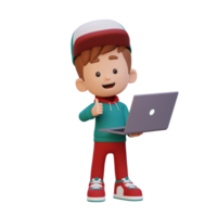 3D cute kid character give a thumb up while holding a laptop png