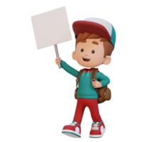 3D kid character holding a blank placard png