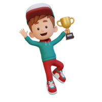 3d niño personaje celebrando ganar participación un trofeo png