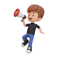 3D cute kid Character jumping and talking on Megaphone png