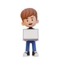 3D kid Character Holding and Presenting to a Laptop with Empty Screen png