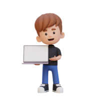 3D kid Character Holding and Presenting to a Laptop with Empty Screen png