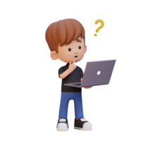 3D cute kid character confused on a laptop png