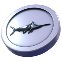 3D render of a silver coin featuring a marlin illustration. png