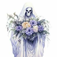 ai generado un maravilloso fantasma participación flor ramo de flores y disfrutando el festividades de Víspera de Todos los Santos, ai generado foto