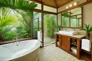 AI generated Tropical Style Bathroom. Pro Photo